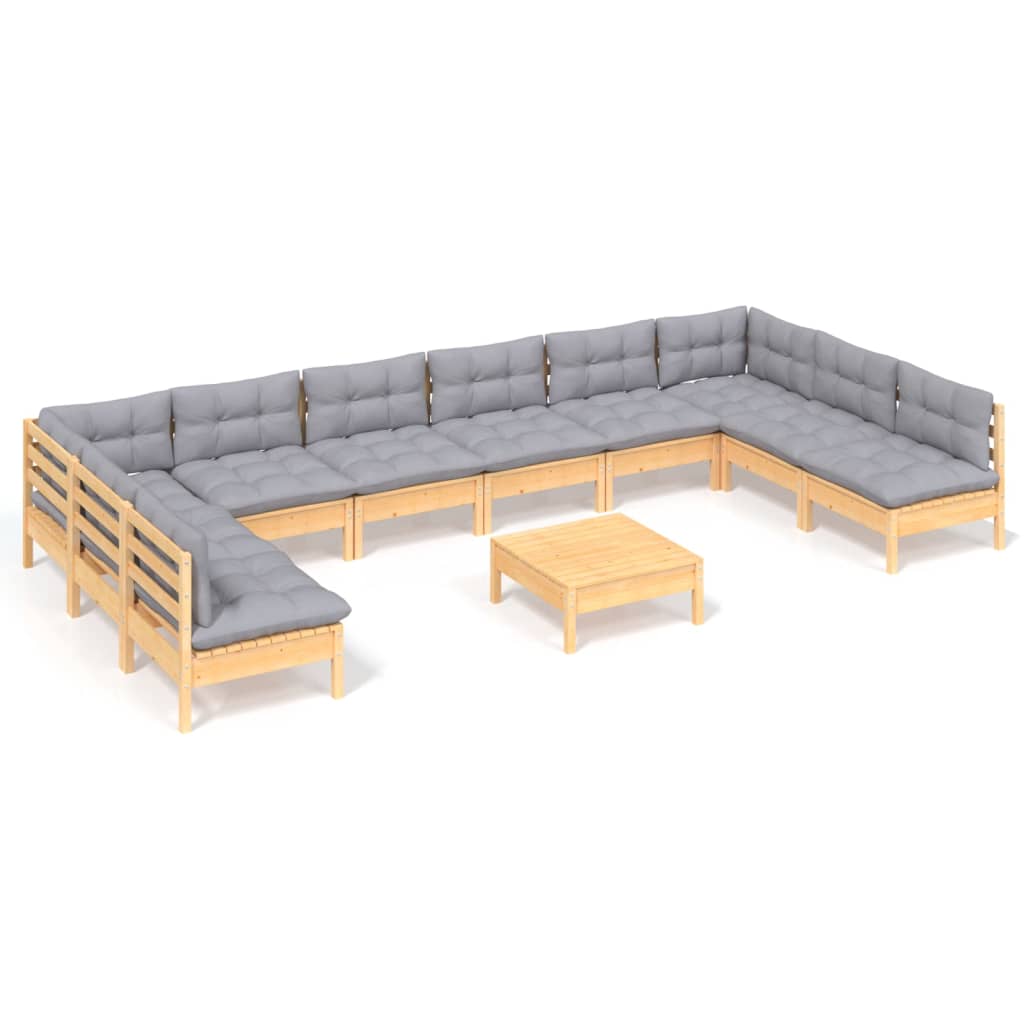 11-tlg. Garten-Lounge-Set mit Grauen Kissen Kiefer Massivholz